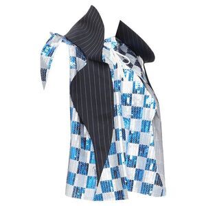 Pre Loved Comme Des Garcons Vintage Sequin Checkerboard Pinstripe Top Women blue